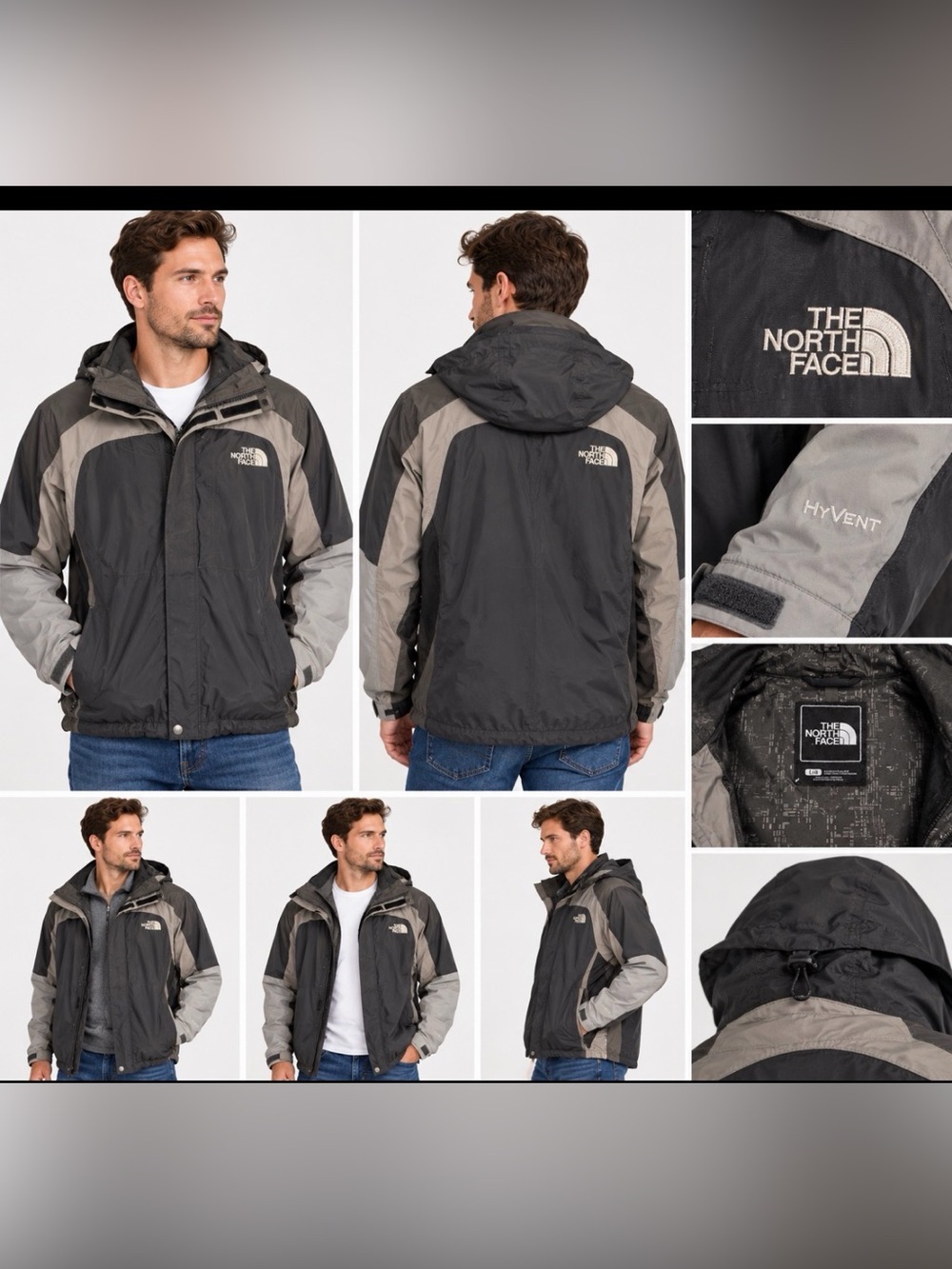 The North Face Men’s L HyVent Gray Black Hooded Waterproof Rain Jacket